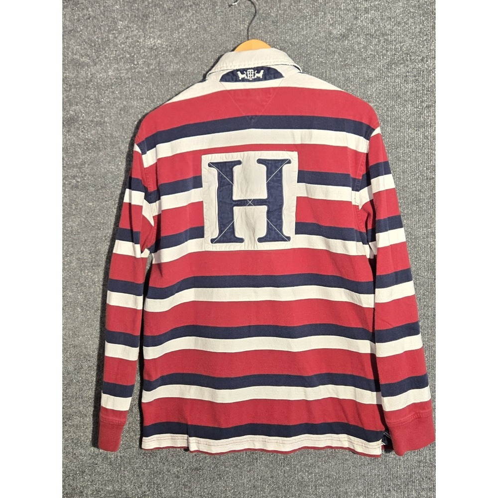 Tommy Hilfiger Rugby Shirt Mens Large Striped Long Sleeve Big Logo H Spellout